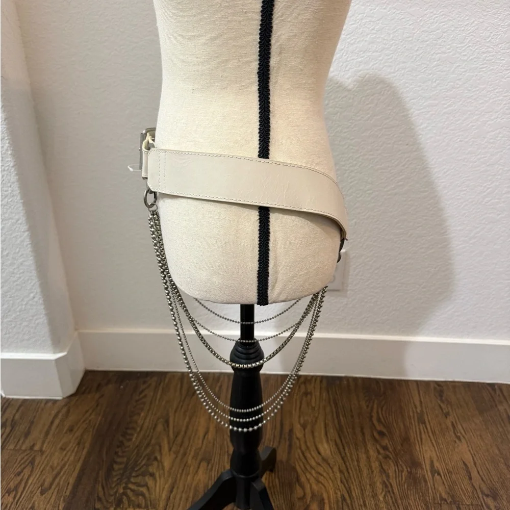 Free People White Leather Diamonte Chain Belt Distressed NEW NWOT